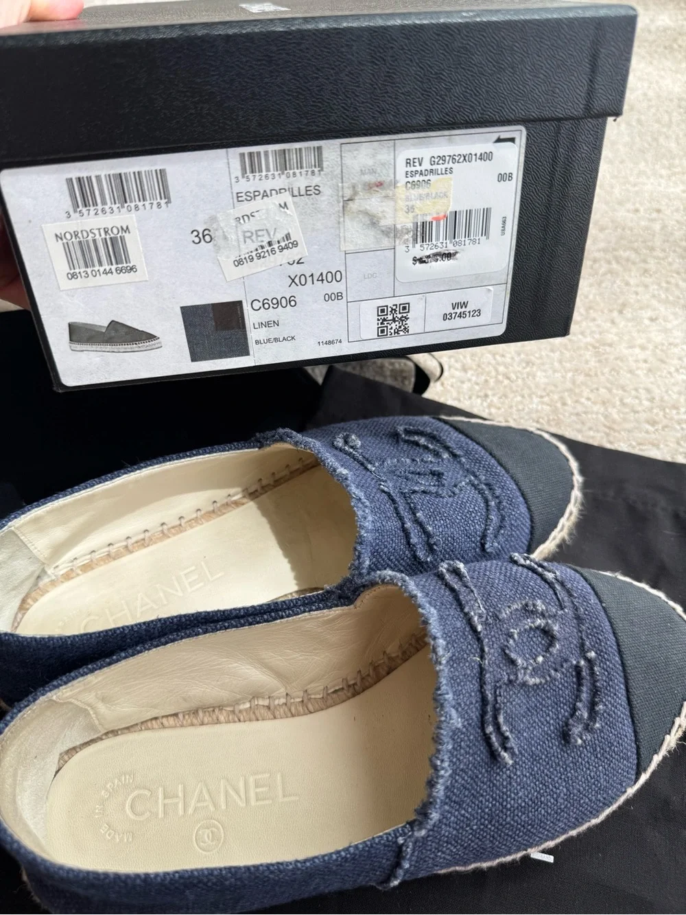 Chanel Navy Espadrille Flats with Black Cap Toe size 36